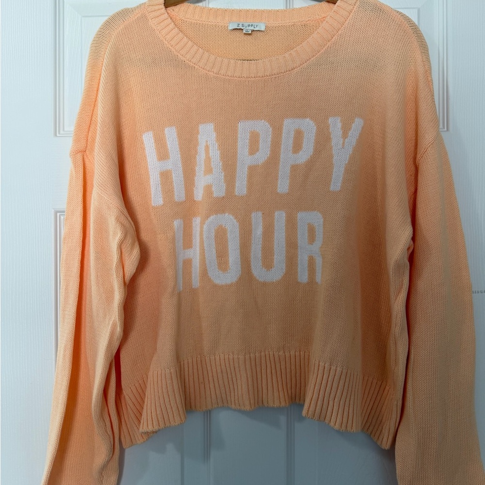 Z Supply Peach Crewneck Sweater with 'HAPPY HOUR' Text